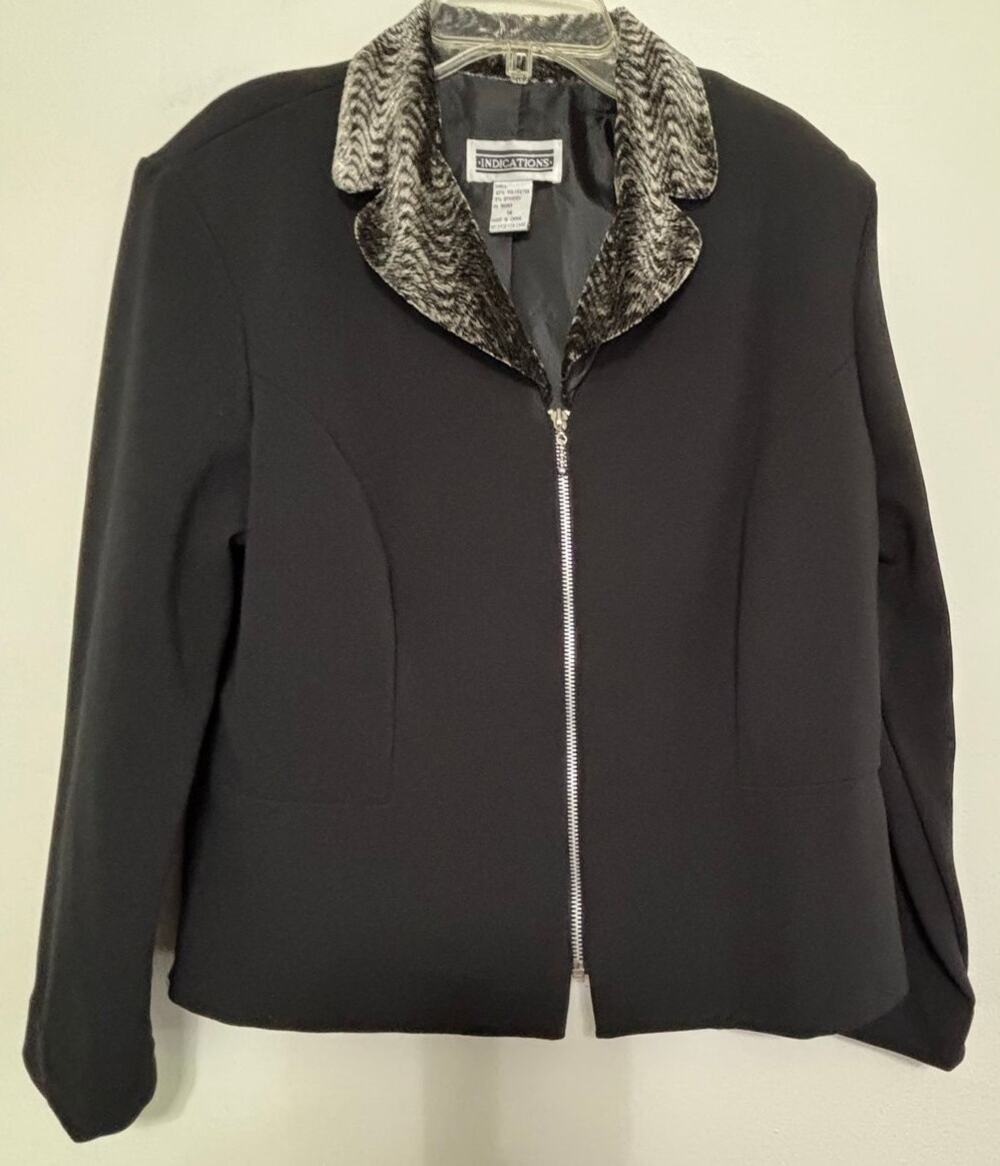Indications Black Plush Collar Zip Front Jacket Size 14